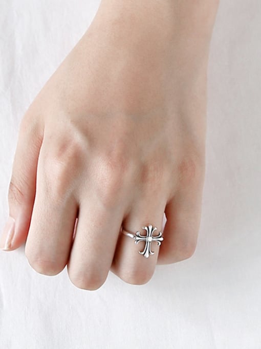 DAKA 925 Sterling Silver With Antique Silver Plated Personality Cross Free Size Rings 1