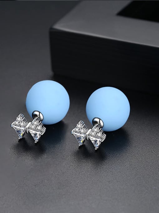 Light blue-T02D24 Copper With 18k Gold Plated Fashion Ball Stud Earrings