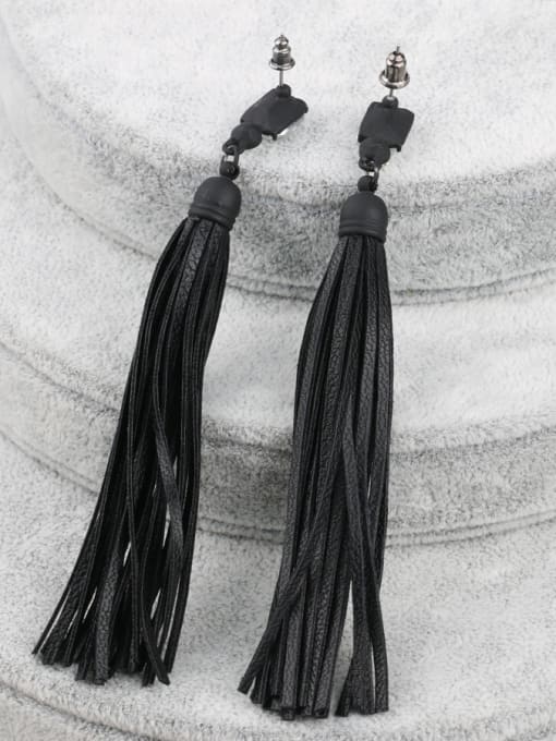 Gujin Personalized White Resin stone Black Leather Tassels Drop Earrings 1