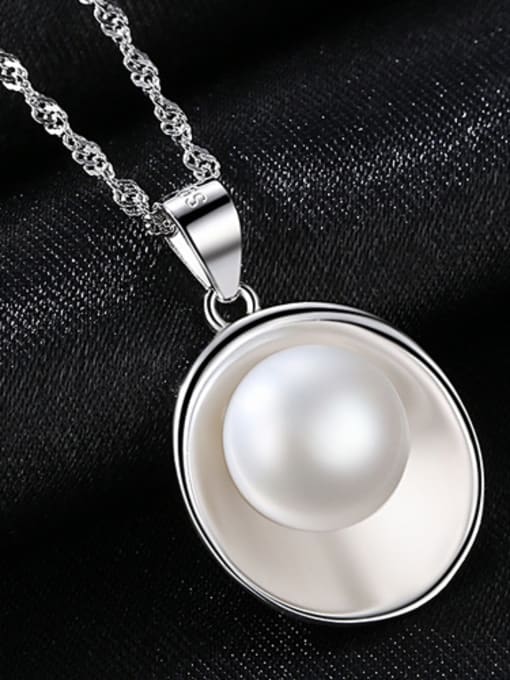 platinum-7H08 925 Sterling Silver With  Artificial Pearl  Simplistic Oval Necklaces