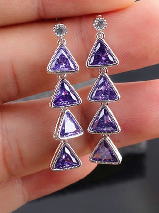 Purple Triangle Tassel  Zircon 925 Sterling Silver Ear Needles Earing