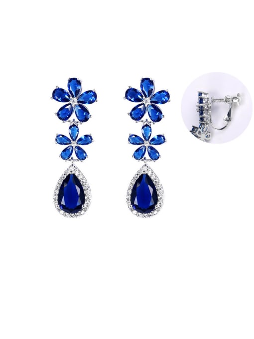 blue Ear Clip Copper With Platinum Plated Delicate Flower Drop Earrings