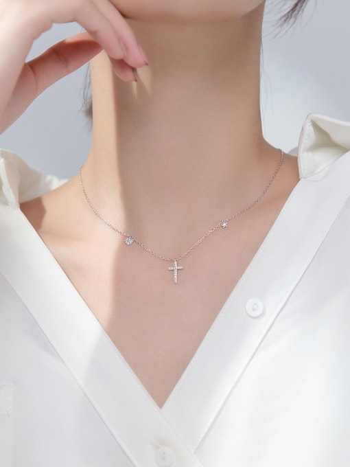 Rosh 925 Sterling Silver With Cubic Zirconia  Simplistic Cross Necklaces 2