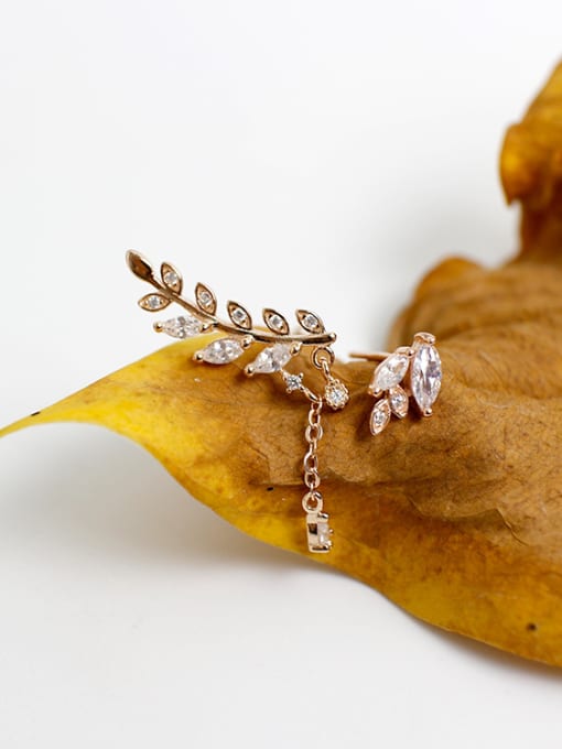 DAKA Fashion Asymmetrical Leaves Marquise Zircon Silver Stud Earrings 2