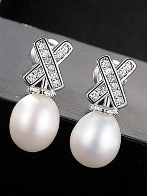 White Sterling Silver micro insert 3A zircon Letter X 7-8mm natural Pearl Earrings