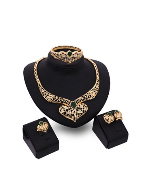 Green Alloy Imitation-gold Plated Fashion Artificial Stones Heart-shaped Hollow Four Pieces Jewelry Set