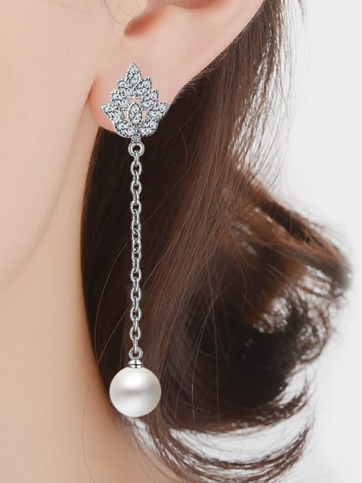 Rosh Fashion Shiny Zirconias Leaf Imitation Pearl Drop Earrings 1