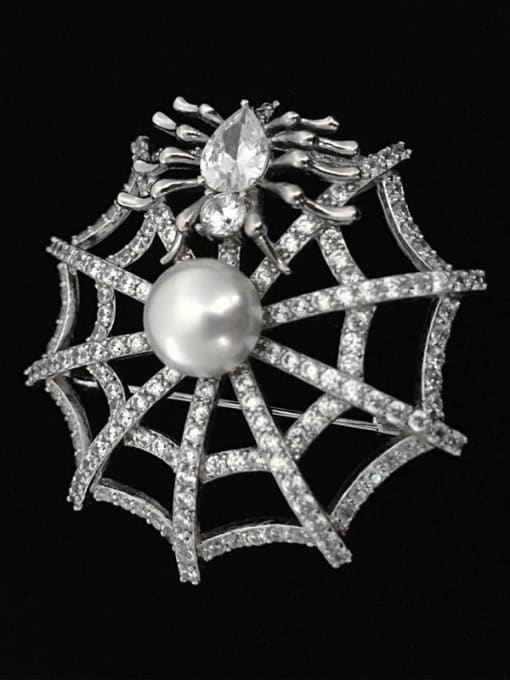 Wei Jia Punk style Imitation Pearl Spider Web Copper Brooch 1
