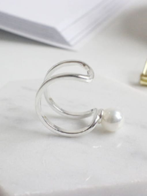 DAKA Simple Two-band Artificial Pearl Silver Smooth Opening Ring 1