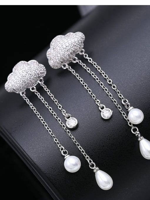 White Gold Long clouds water-drops fringed micro-inlay AAA zircon pearls earrings