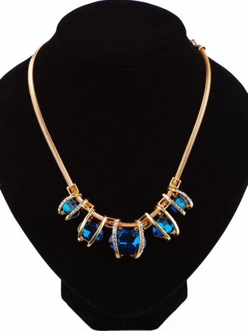 Qunqiu Fashion Gold Plated Blue Stones White Rhinestones Pendant Alloy Necklace 0