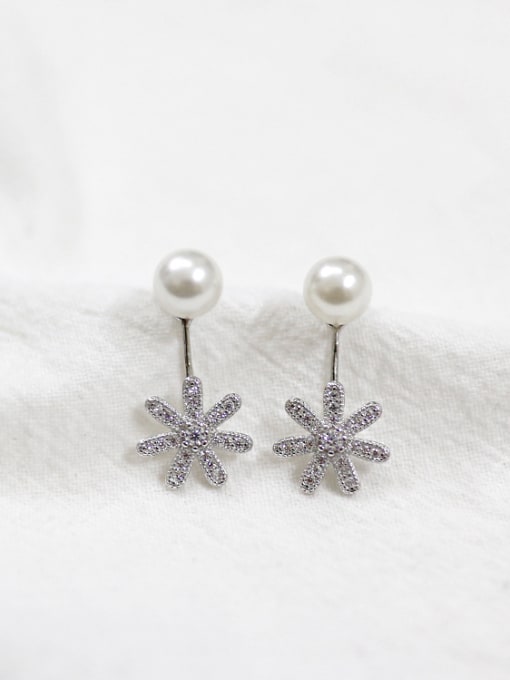 DAKA Artificial Pearl Cubic Rhinestones Flowery Silver Stud Earrings 1