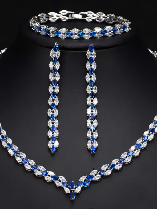 Blue The Luxury Shine  High Quality Zircon Necklace Earrings bracelet 3 Piece jewelry set