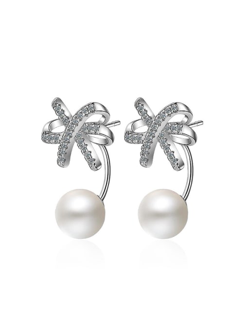 AI Fei Er Fashion Shiny Zirconias Bowknot Imitation Pearl Stud Earrings 0