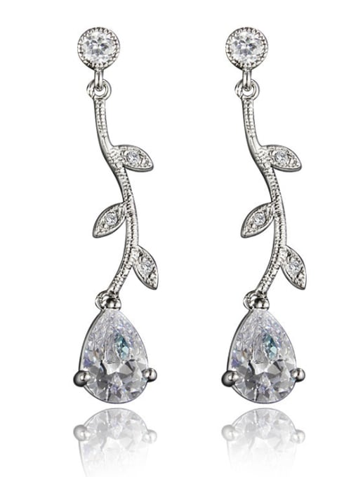 White Gold Temperament 18K Platinum Plated Leaf Shaped Zircon Drop Earrings