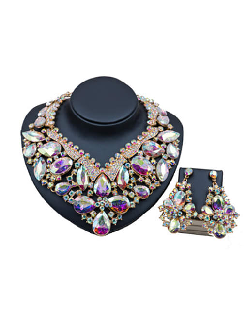 multi-color Water Drop Glass and Rhinestones Exaggerated Two Pieces Jewelry Set