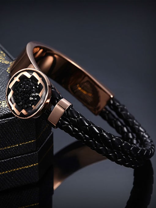 Black Europe And The United States Wide Woven Leather Rose Gold Titanium Bracelet