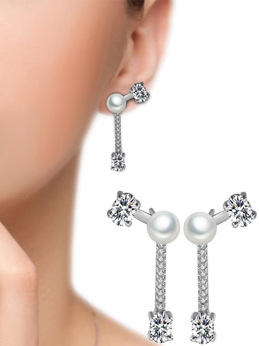 Ya Heng Fashionable Geometric Shaped Pearls Zircons Stud Earrings 1