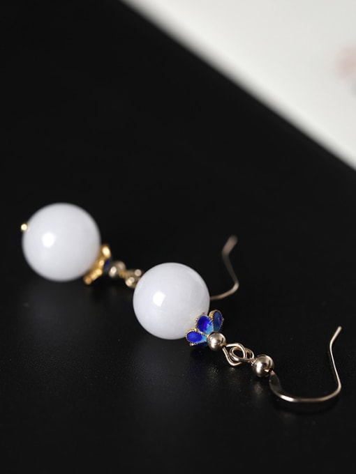 SILVER MI Retro style White Jade Bead 925 Silver Earrings 3