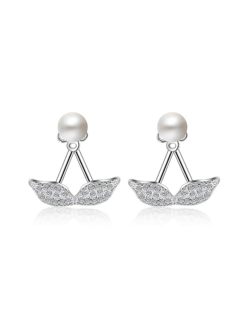 White Gold Fashion Little Zirconias Leaves Imitation Pearl Stud Earrings