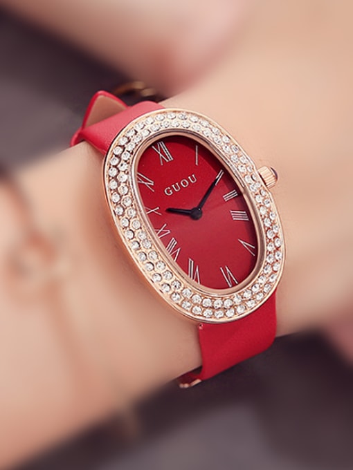 Red GUOU Brand Fashion Rhinestones Oval Watch
