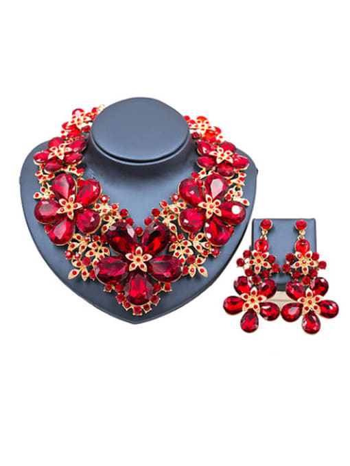 Red 2018 2018 Exaggerated Flower Glass Rhinestones Two Pieces Jewelry Set