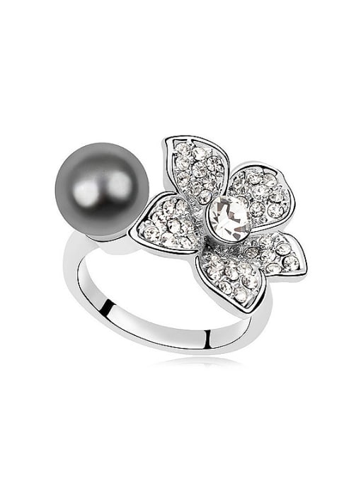 black Fashion Imitation Pearl Crystals-covered Flower Alloy Ring