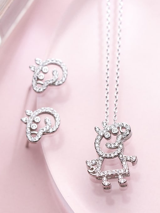 Rosh S925 Silver Pig Peggy Diamonds Necklace Earrings Two Piece 0