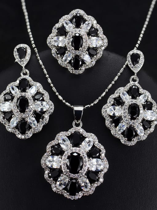 Black And White Ring 6 Yards Colorful Zircons Flower Three Pieces Jewelry Set
