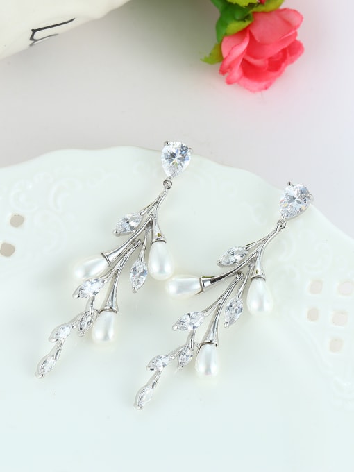 Wei Jia Fashion Dendritic Leaves Artificial Pearls Zirconias Copper Drop Earrings 1