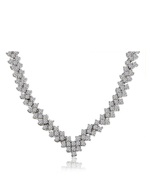 SANTIAGO Luxury Platinum Plated Copper Letter V Shaped Zircon Necklace