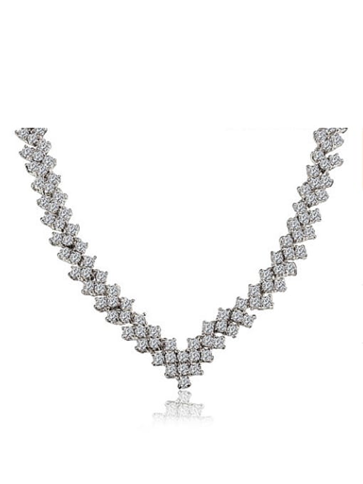 White Gold Luxury Platinum Plated Copper Letter V Shaped Zircon Necklace