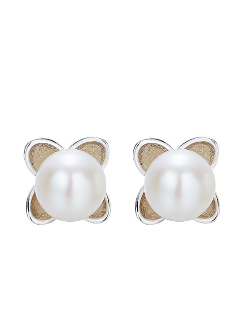 White Simple Flowery Freshwater Pearl Stud Earrings