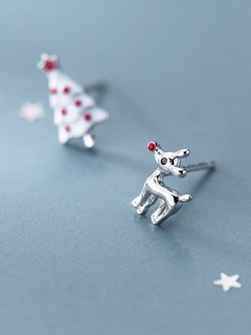 Rosh 925 Sterling Silver With Platinum Plated Cute  Deer Asymmetrical Christmas Tree Stud Earrings 1