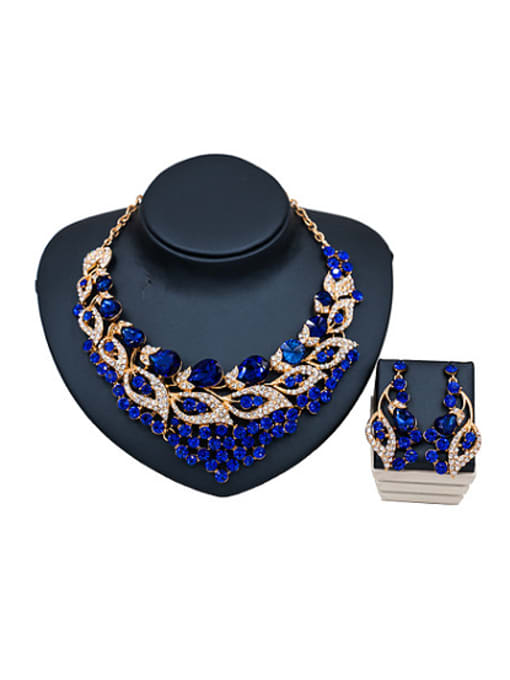 Blue Fashion Leaves shaped Glass Rhinestones Two Pieces Jewelry Set