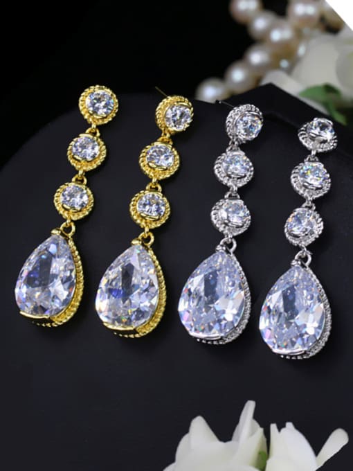 L.WIN Water Drop AAA Zircons White and Gold Plated Drop Earrings 2