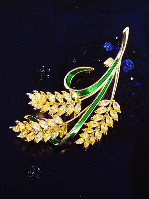 Hua Copper With Cubic Zirconia Fashion Leaf Golden wheat spike Brooches 2