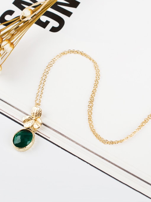 green Women Trendy Green Glass Leaf Shaped Necklace