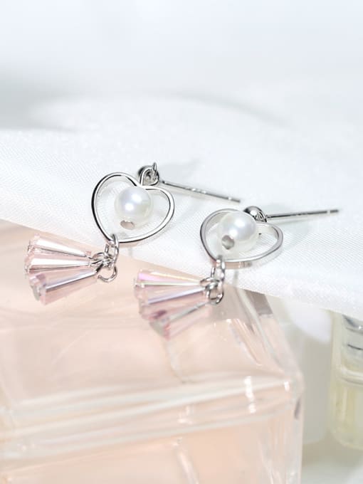 Peng Yuan Personalized Hollow Heart Artificial Pearl Pink Plastic 925 Silver Stud Earrings 1