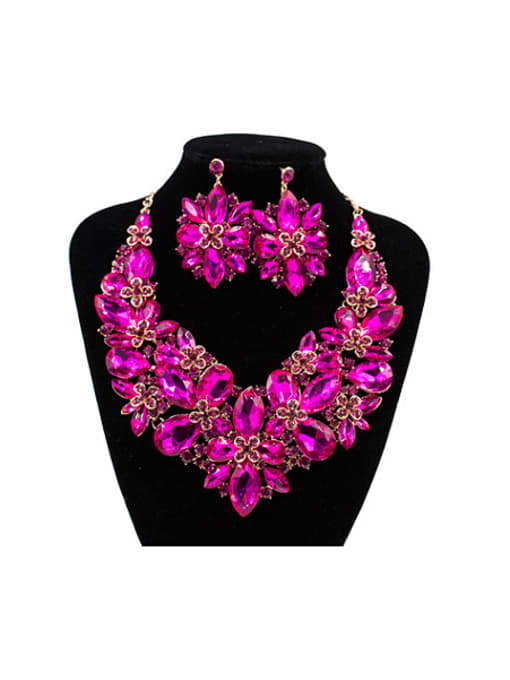 hot pink 2018 Exaggerated Flower Glass Rhinestones Two Pieces Jewelry Set