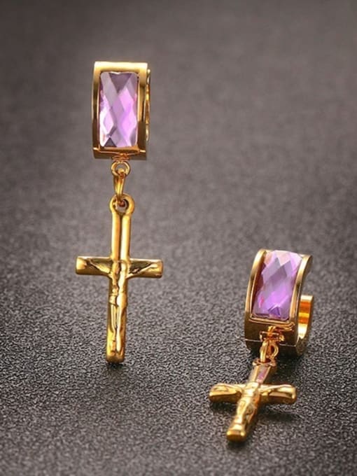 purple Fashionable High Polished Cross Shaped Rhinestone Drop Earrings