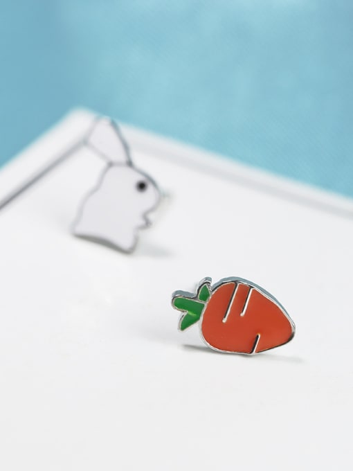 Peng Yuan Tiny Rabbit Carrot Asymmetrical Glue 925 Silver Stud Earrings 3