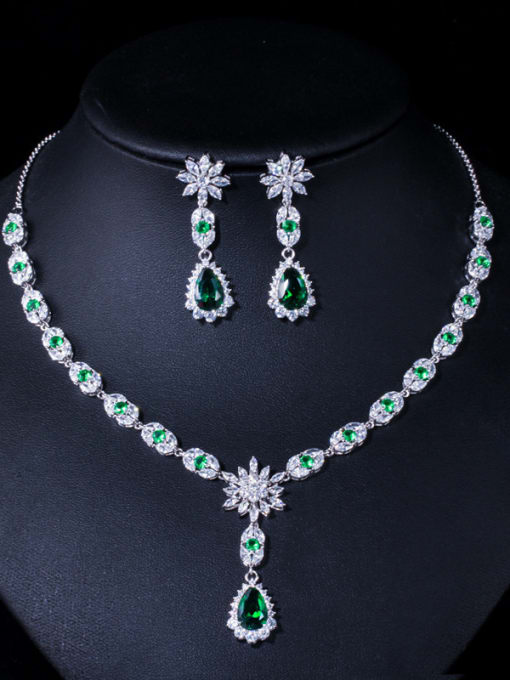 green Copper With Cubic Zirconia Luxury Water Drop 2 Piece Jewelry Set