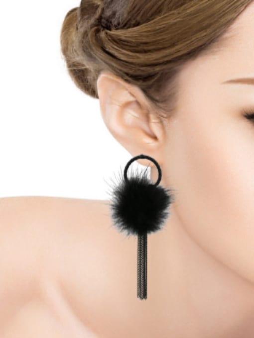 Gujin Fashion Fluff Ball Black Chain Tassels Drop Earrings 1