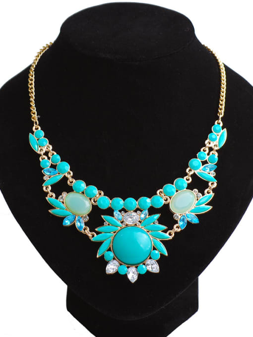 Light Blue Exaggerated Resin sticking White Rhinestones Gold Plated Necklace