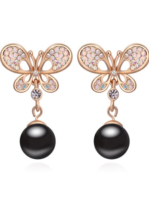 Black Fashion Champagne Gold Plated Imitation Pearl Butterfly Stud Earrings