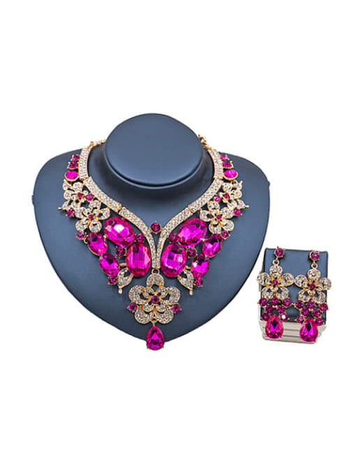 hot pink Oval Glass Rhinestones Flower Two Pieces Jewelry Set