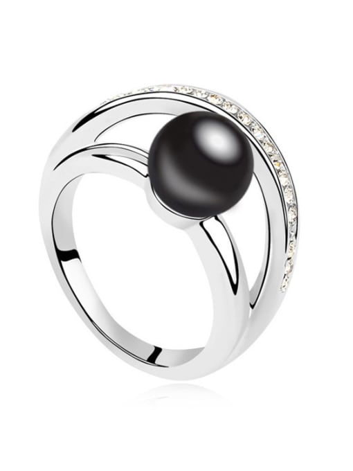 Black Simple Imitation Pearl Shiny Crystals Alloy Ring