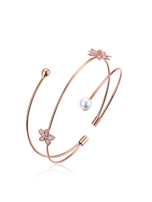 Rose Gold Simple Tiny Flowers Artificial Pearl Opening Bangle