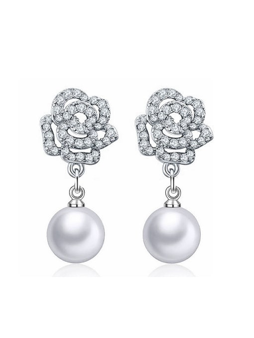 AI Fei Er Fashion Shiny Zirconias Rosary Flower Imitation Pearl Stud Earrings 0